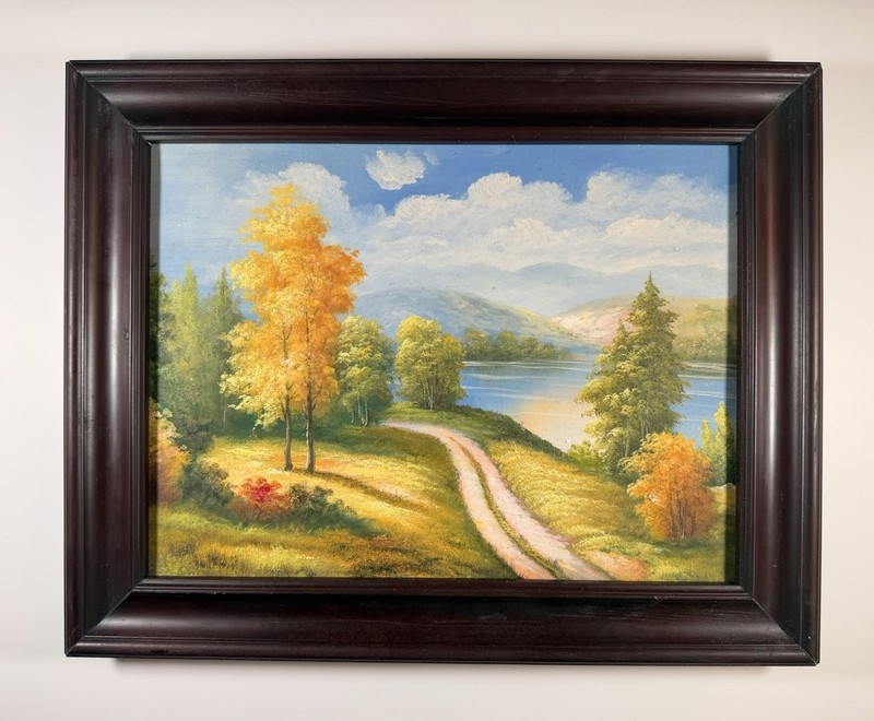 Autumn Lake Scene Landscape oil painting Dark Wood Frame 19″x15″ Country Core