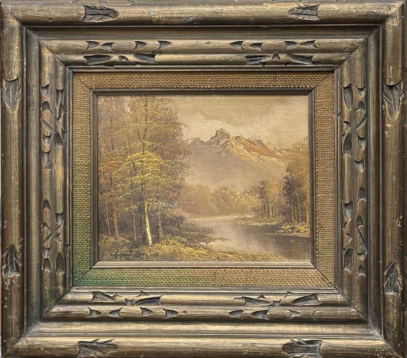Vintage Mid Century Signed Antonio Mountain River Landscape Oil Painting Framed