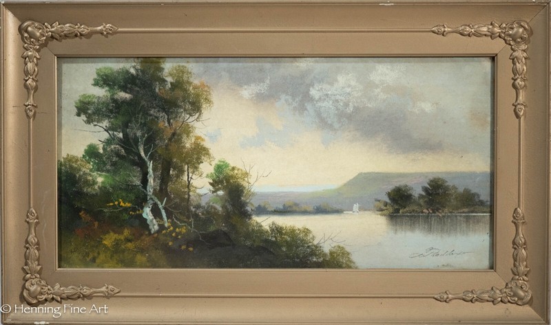 Beautiful Antique River Valley Landscape Painting Boats Mountain, Signed & FINE!