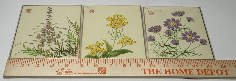 Vintage Japanese Shikishi Art Board Set of 3 Hand Painted Floral Watercolor
