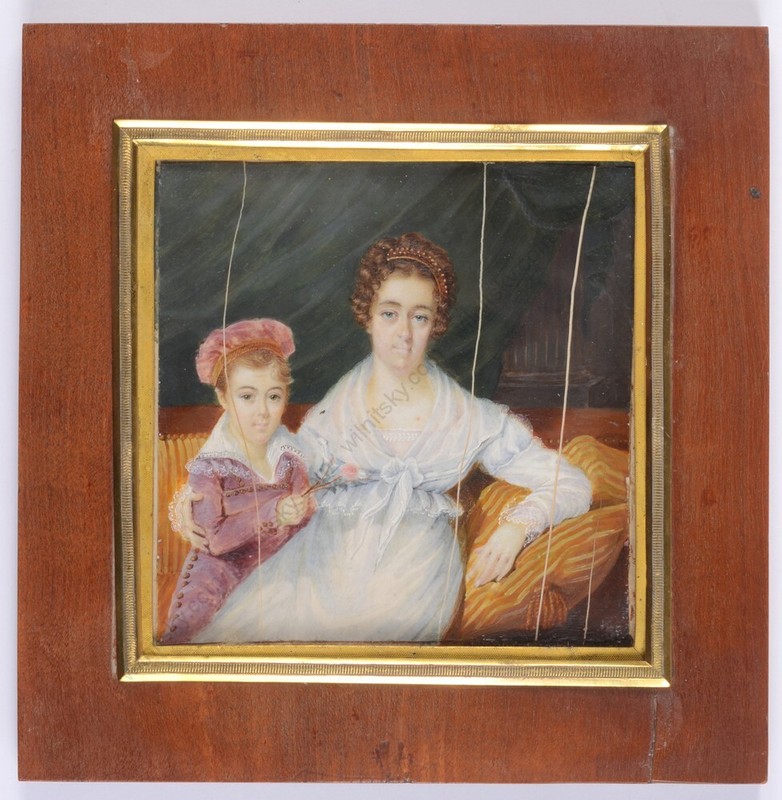 «Portrait of a lady with her little son» high quality French miniature, 1816 (m)