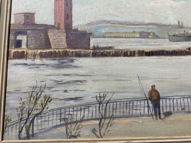Mid-Century Oil Painting Fisherman Harbor Scandinavian B. Forsberg Artist gallery