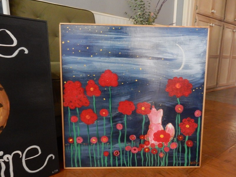 Starving Artist Hand Painted Acrylic Pink Fox On a Starry Night