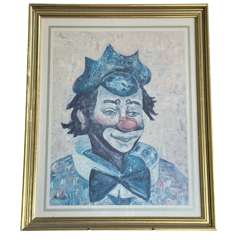 Vintage Michele Signed Clown Art Print Framed Blue White Circus Art gallery
