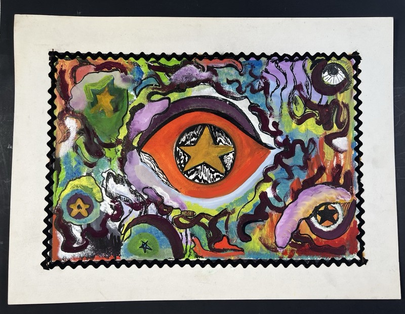 Vtg 1970s College Mixed Media Painting 15×20” Abstract Psychedelic Stary Eyes