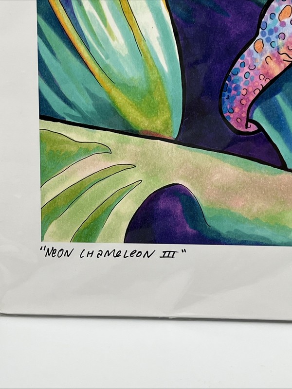 Artist Signed 2010 Watercolor “Neon Chameleon III” 21/100 Bright Colored Limited gallery