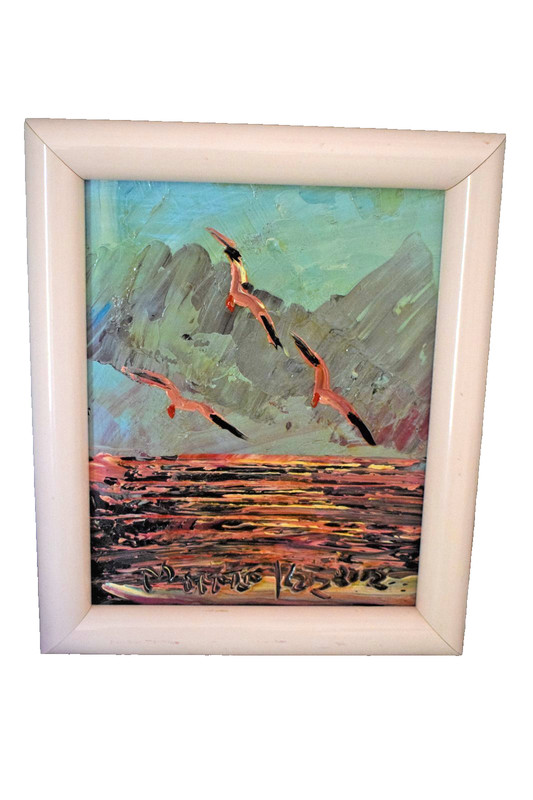 Morris Katz Oil Painting Seascape Birds Sunset Impasto Signed Framed 12″x10″