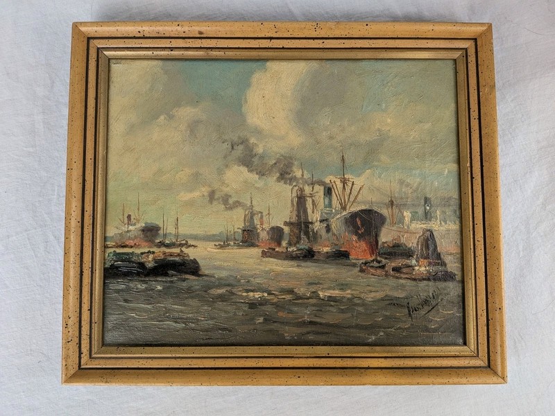 Small Impressionism Oil On Canvas Of Rotterdam Harbor – Adrie Verveen 1912-1988