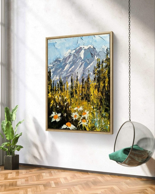 Original Impasto Mountain Landscape with Daisies Oil Painting Wildflower Meadow gallery