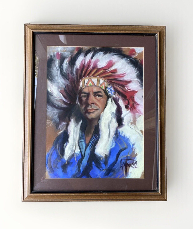 Orig. Pastel Painting, Native American Chief in a Feathered Headdress 31″x25″