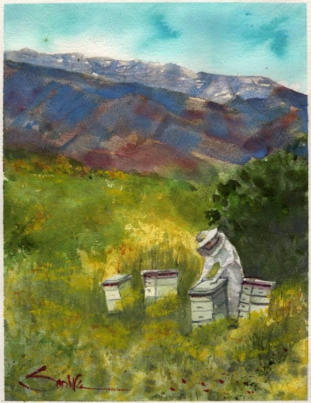 Alicia, the Beekeeper : Sandra Watercolors™ : Archival Quality Art Print
