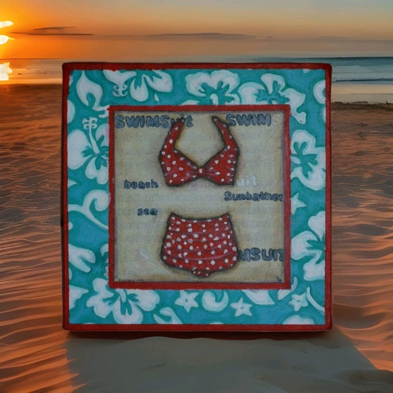 Red Polka Dot Bikini Original 8×8 Acrylic Painting Beach Sea Sun Swimsuit Art