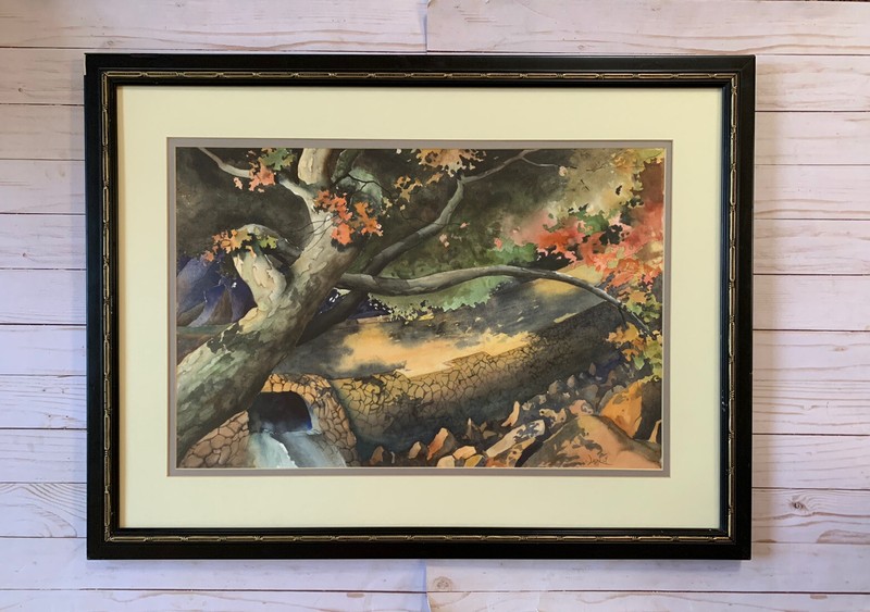 Original Watercolor Painting Landscape Trees Tree Forest Waterfall By Leach