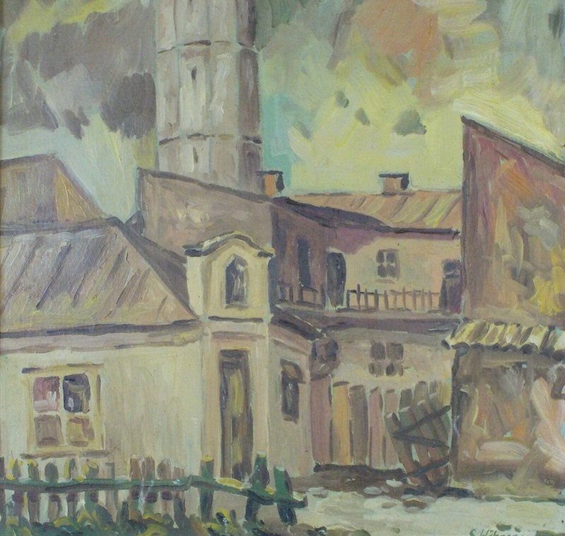 Vintage Original 1962 Oil Painting of a Village Landscape by S. Hubner Listed gallery