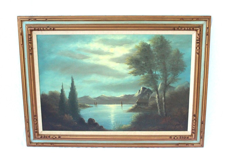Vintage Moonlit Lakeside Mountain Landscape Oil on Canvas Signed L. Raven