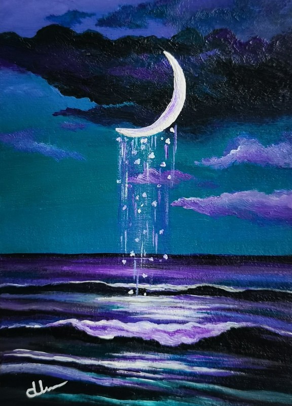«Ocean Moonlight» ACEO Original Hand Painting Vintage Seascape Art Signed ATC
