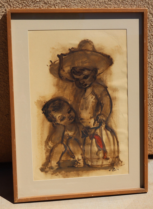 DIETRICH GRUNEWALD Original MCM Mixed Media Two Mexican Children with a Birdcage