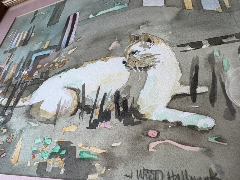 VTG Painting J Wood Hallmark Watercolor Abstract Cat 17x21 Signed Matted Framed gallery