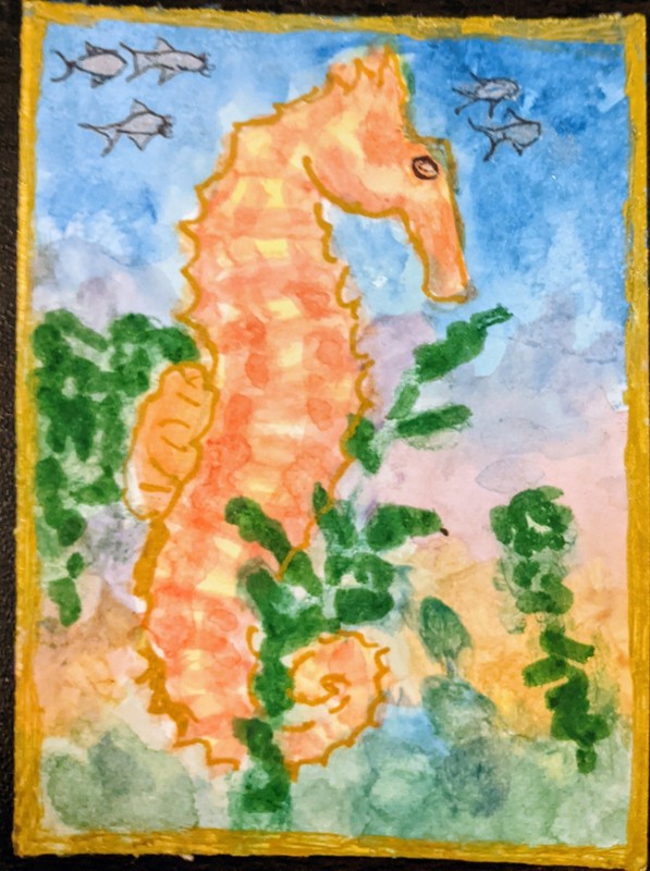 ACEO Original Painting Colorful Seahorse Watercolor paint markers Signed