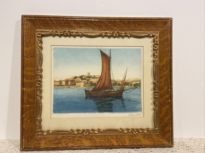 Antique Original Signed Italian Nautical Art Print W/Original Wood Frame & Glass