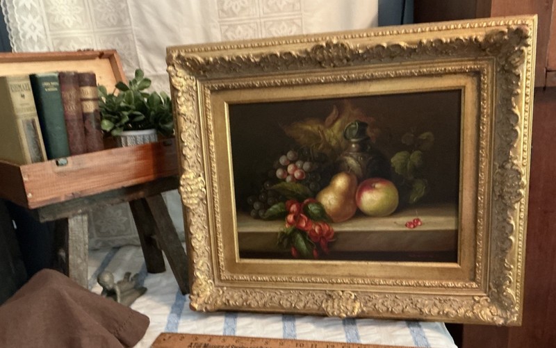 Artist SCHRATER signed Still Life Painting In Magnificent Gilded Frame, 24”