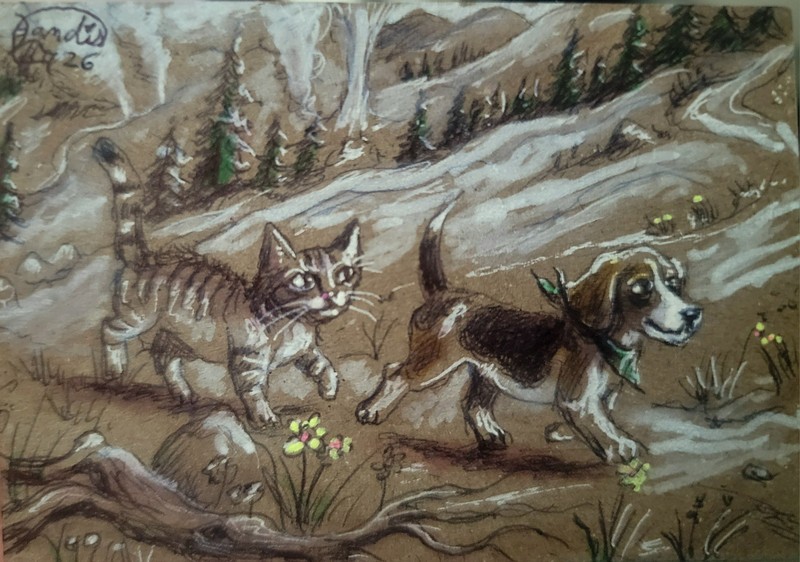 Jacob Landis WHIMSY HANDMADE ORIGINAL ACEO Sketch Kittens Cats "Tug Of War" gallery