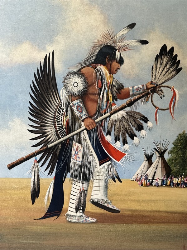 CHEYENNE WAR DANCER PAINTING PORTRAIT NATIVE AMERICAN INDIAN TRIBAL TIPI CAMP