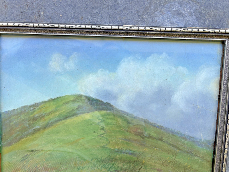 Late 19th C. Antique Pastel Chalk Drawing Green Hill Clouds Silver Gilt Frame gallery