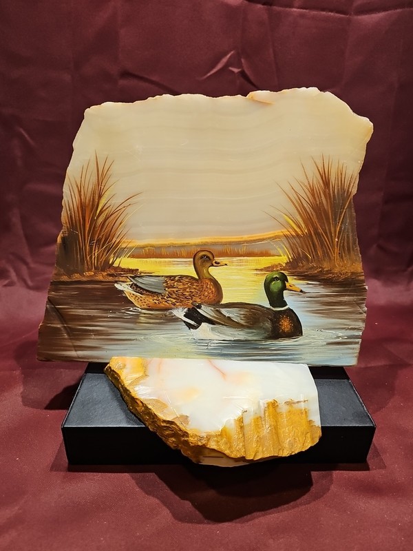 Vintage Duck In Marsh Painting on Onyx Slab, Mallard And Drake, Hunting Cabin