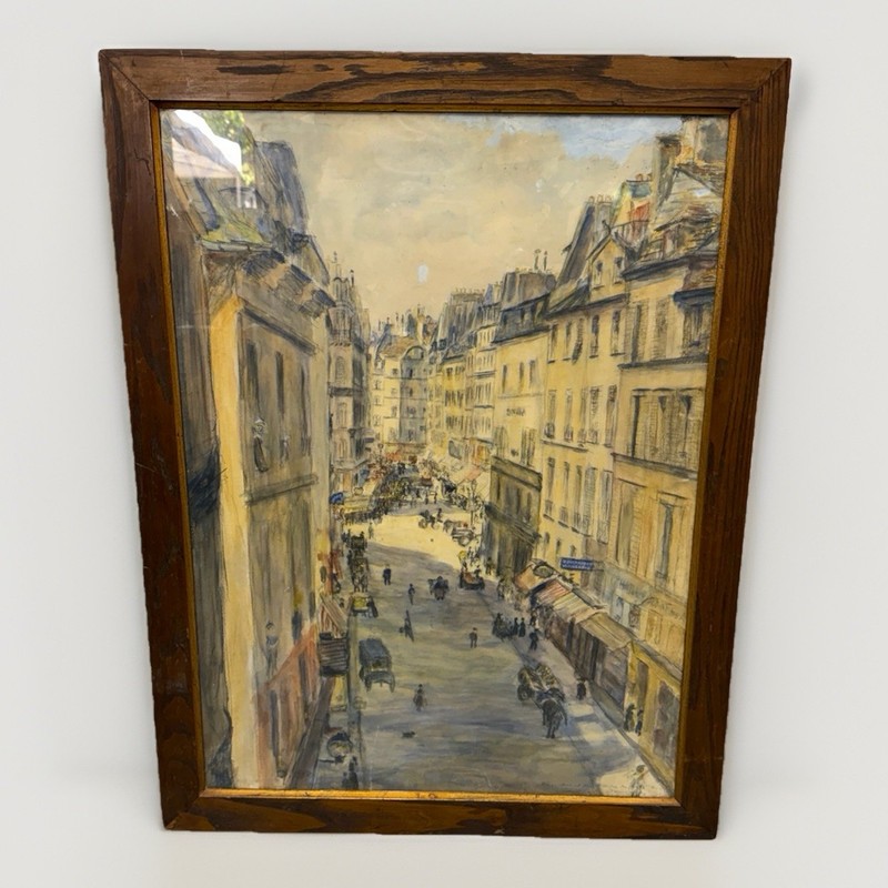 Antique Early 1900 Daniel Dourouze Paris Street Mixed Media Painting Rue de Buci
