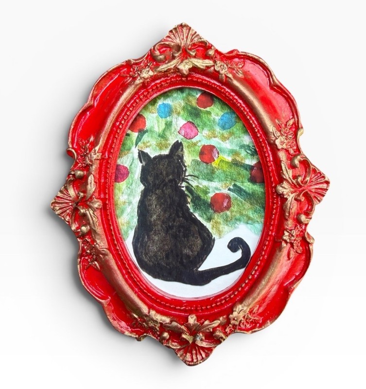 Christmas Cat mini watercolor print of original painting • vintage ornate frame