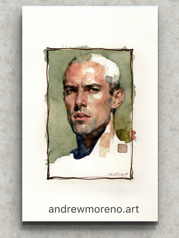 Original Watercolor Painting Male Figure Portrait Book Page (5.5 × 8.5 inches)