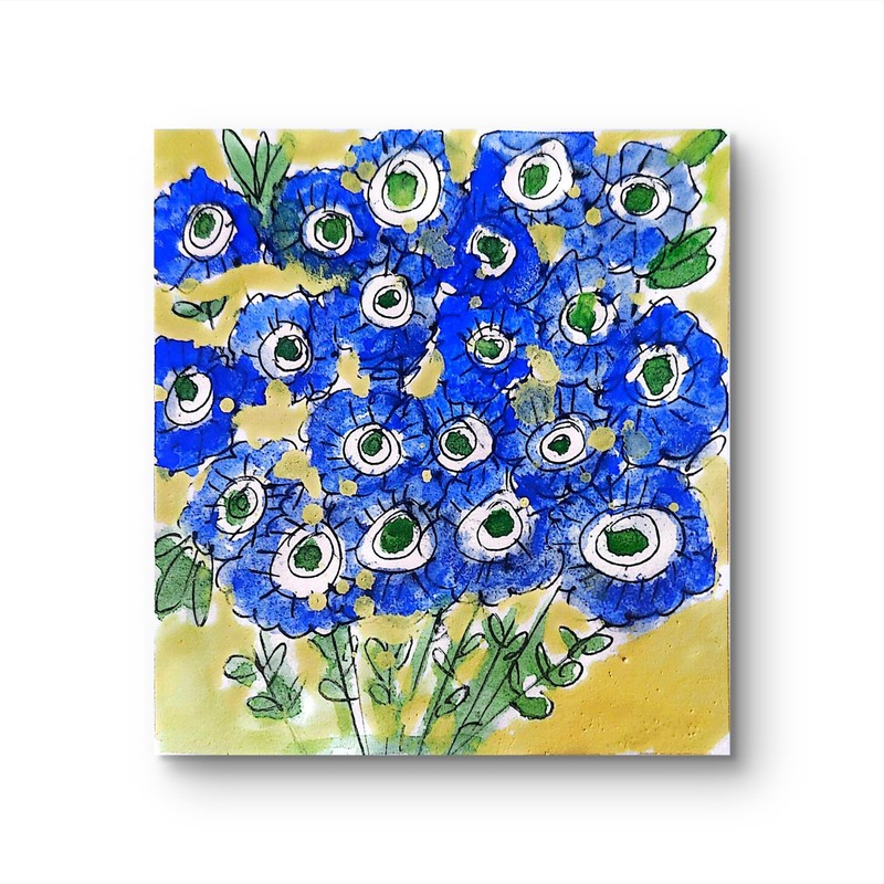 Blue Flower Watch Contemporary Pop Art Watercolor Painting 3×3 Signed