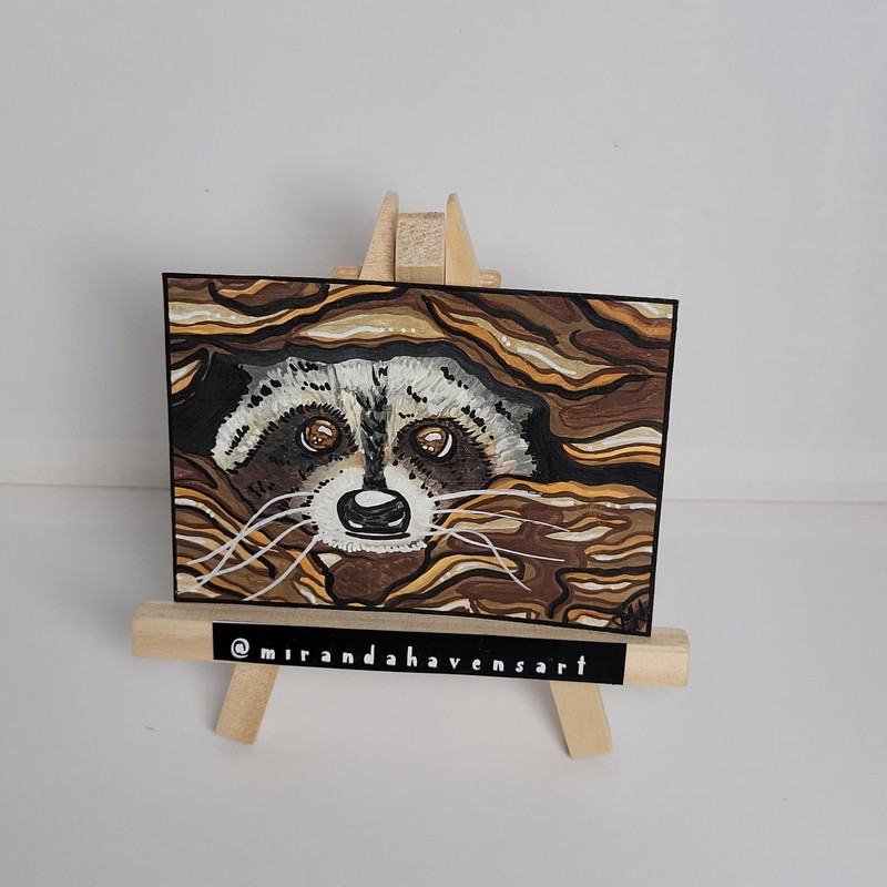 ACEO Original Painting, Raccoon Log, Water Color Painting Signed