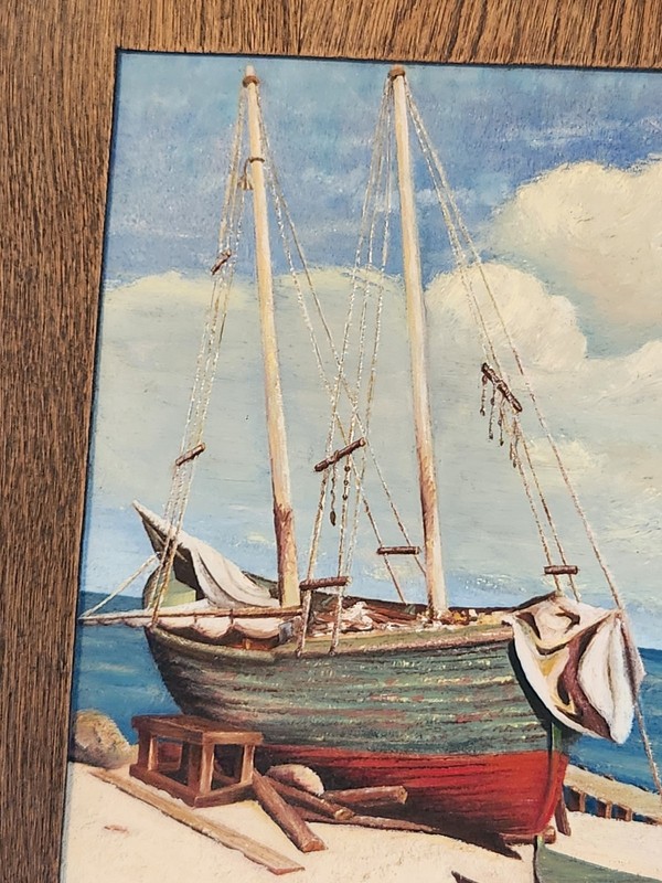 VTG COAST BEACH NAUTICAL BEACHED BOATS & ROCK FORMATIONS PAINTING by E. Graham gallery