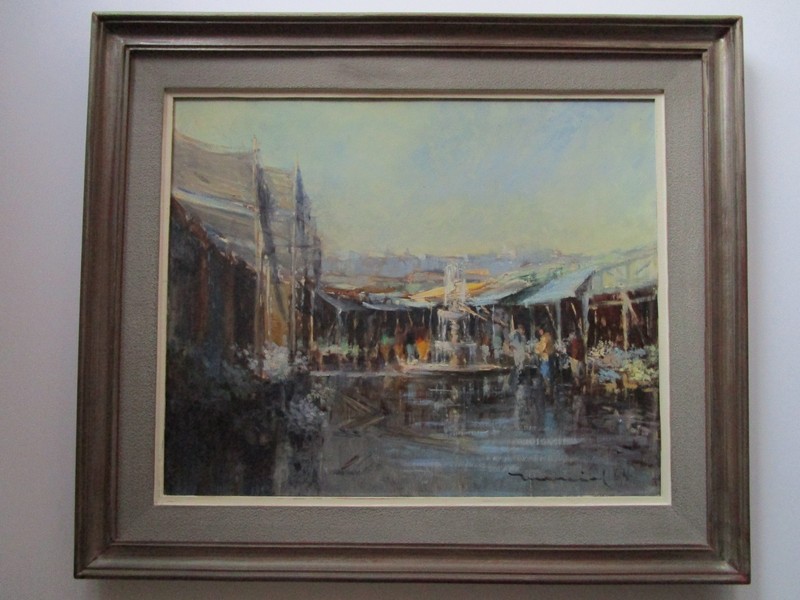 1960’S POST IMPRESSIONISM STREET SCENE MARKET CITY SIGNED MYSTERY ARTIST VINTAGE