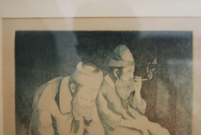 FRAMED SIGNED AMRAM EBGI (LTD. ED 74/100 COLORED ETCHING SITTING MEN JUDAICA ART gallery