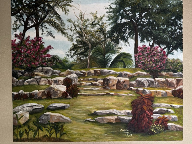 Camille Hyder 2003 Oil Painting on Canvas Tropical Garden Park 24×20 inch