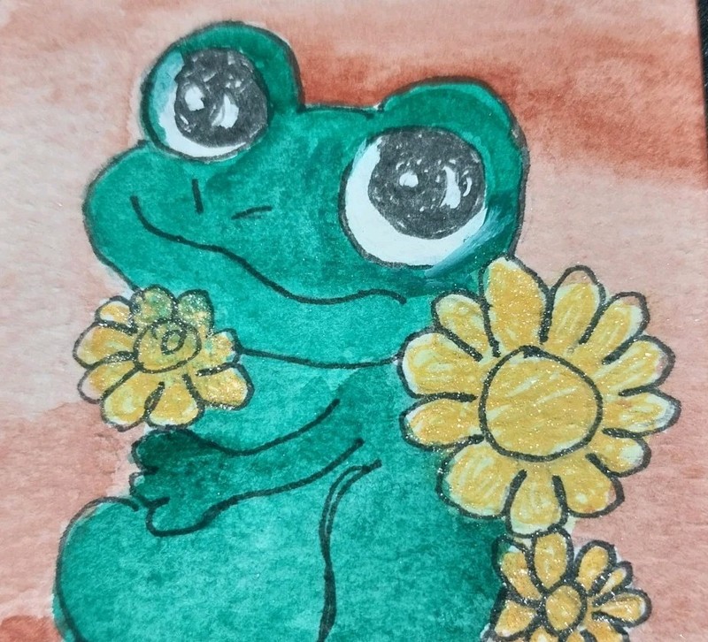 ACEO Frog Art Original Painting ATC Collectible Cute flowers & Frog Animals GAT