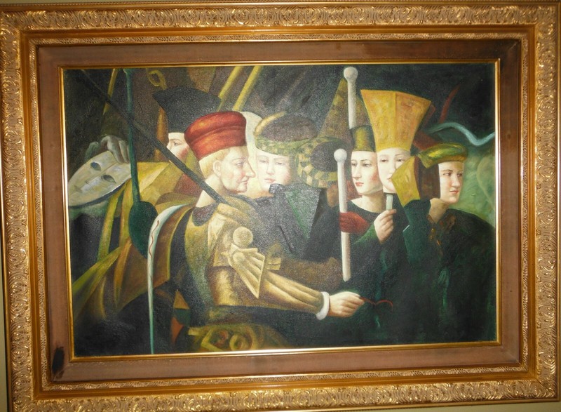 Framed Original Oil Painting Medieval Gathering Stylized 36" x 24" gallery