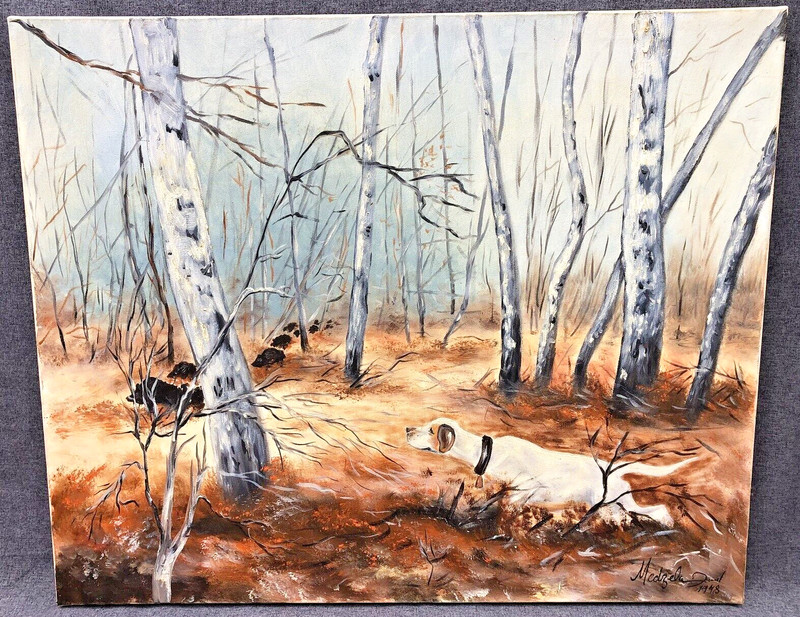 Large antique french oil painting signed and dated 1948 hunting scene