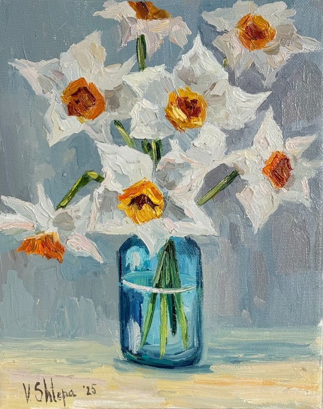 Blooming Flowers Daffodils Painting Original Oil Impressionism Signed Art 8x10in