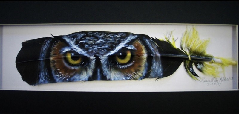 Great Horned Owl Eyes – Russ Abbott – Original Hand Painted Feather