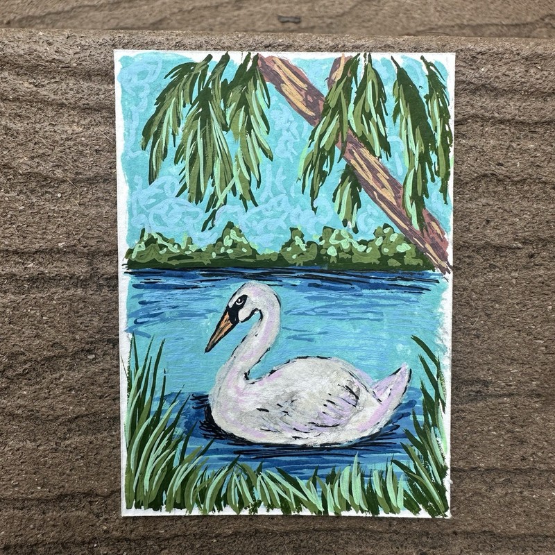 Aceo Original Landscape Lake With Swimming Swan Acrylic Painting
