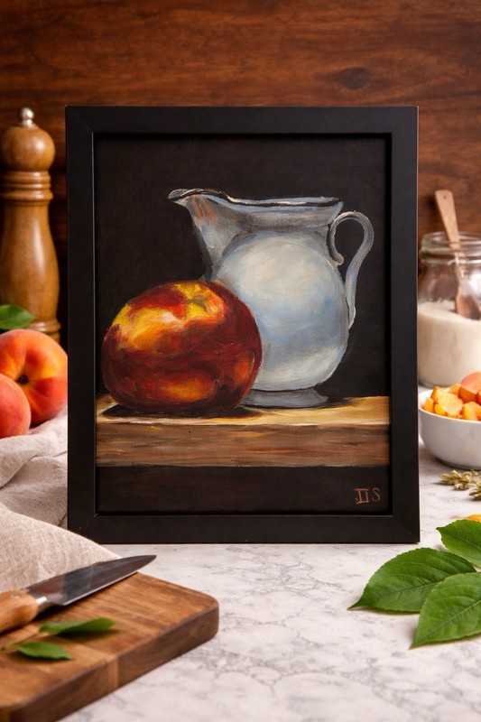Peach Painting Kitchen Wall Art Rustic Decor Fruit Still Life Framed 9×12