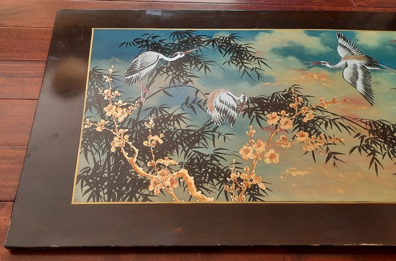 Vintage Asian Art Cranes Lotus Acrylic Painting on Plywood Vietnam 31 x 16 in gallery