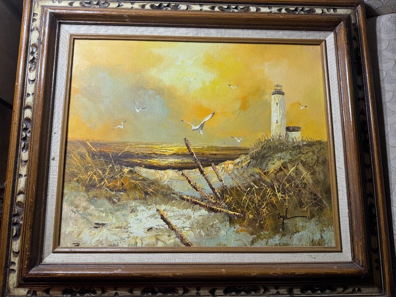 Vintage Engel «Seaside With Lighthouse And Gulls» Oil Painting – Signed/Framed