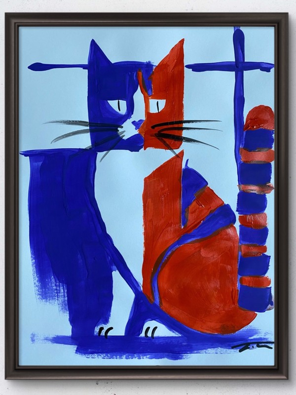 Purple And Orange Cat Acrylic Original Art 14×11 Paper