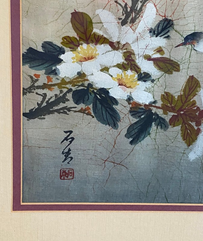 P. Chan Paul Chan Batik Linen Painting Bird Floral Signed Chinese c.1940s-1950s gallery
