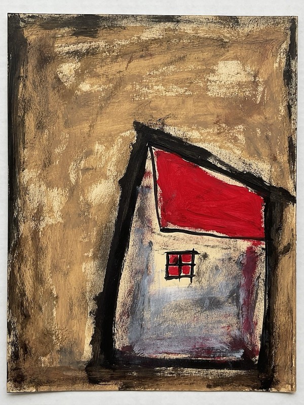 Original Minimalist Landscape Painting Abstract House Neo Expressionist Folk Art